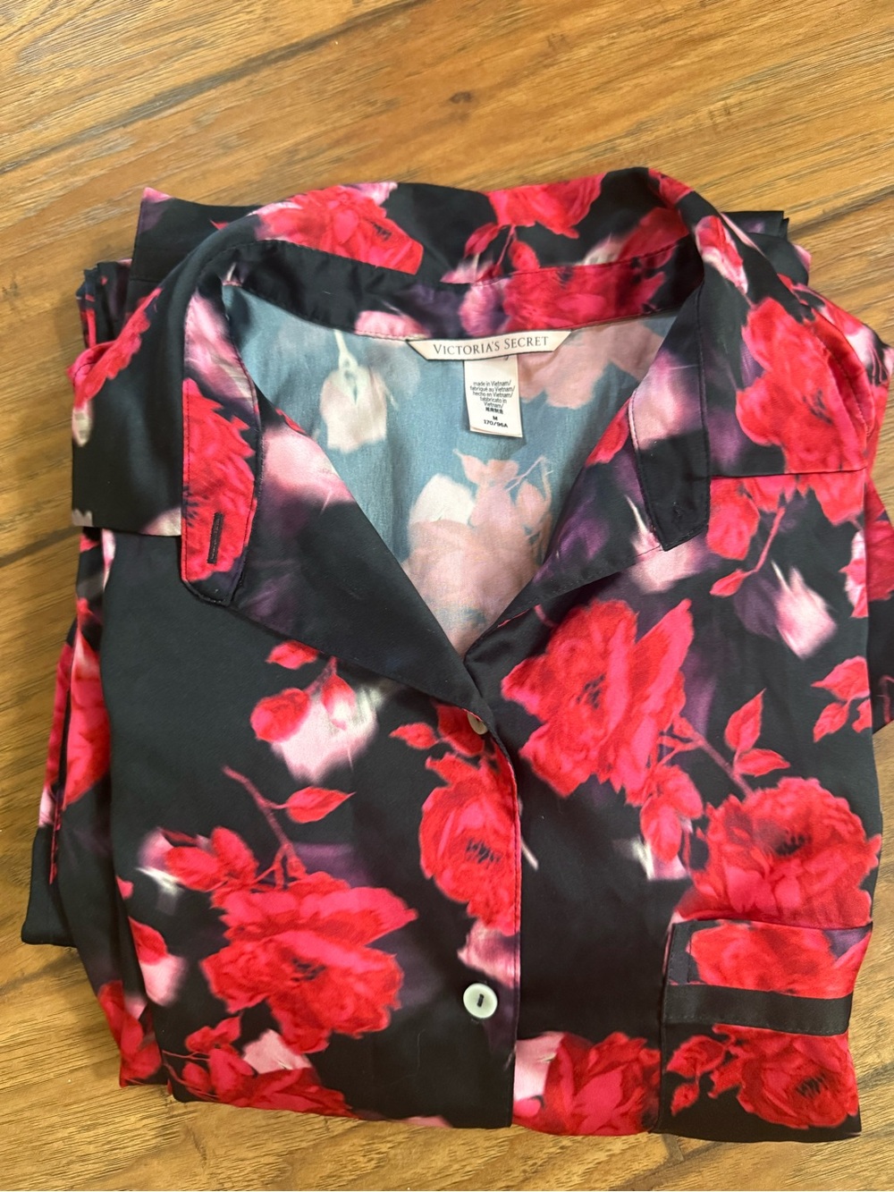 Victoria's Secret Black Button-Down Top with Red Floral Print